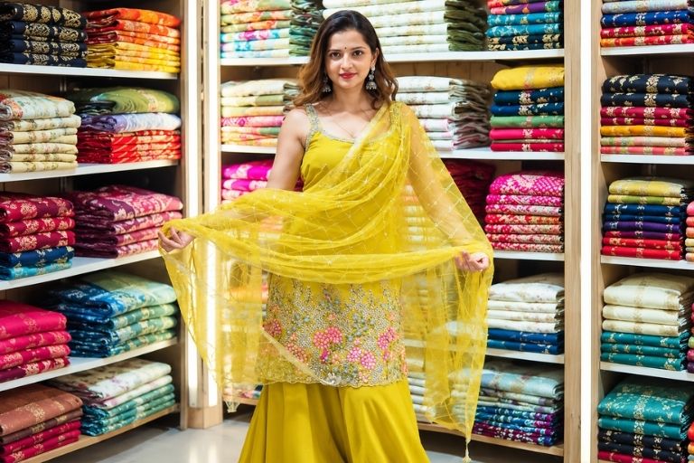 Close-up embroidery detail on Meena Bazaar garment.