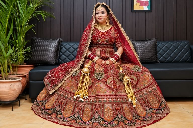 Elegant bridal outfit with heavy zari work detailing.