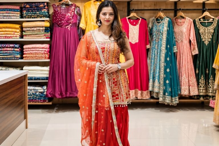 Meena Bazaar ethnic wear model in designer saree.