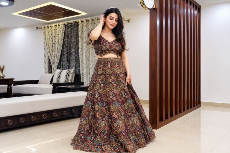 Meena Bazaar model wearing vibrant anarkali dress